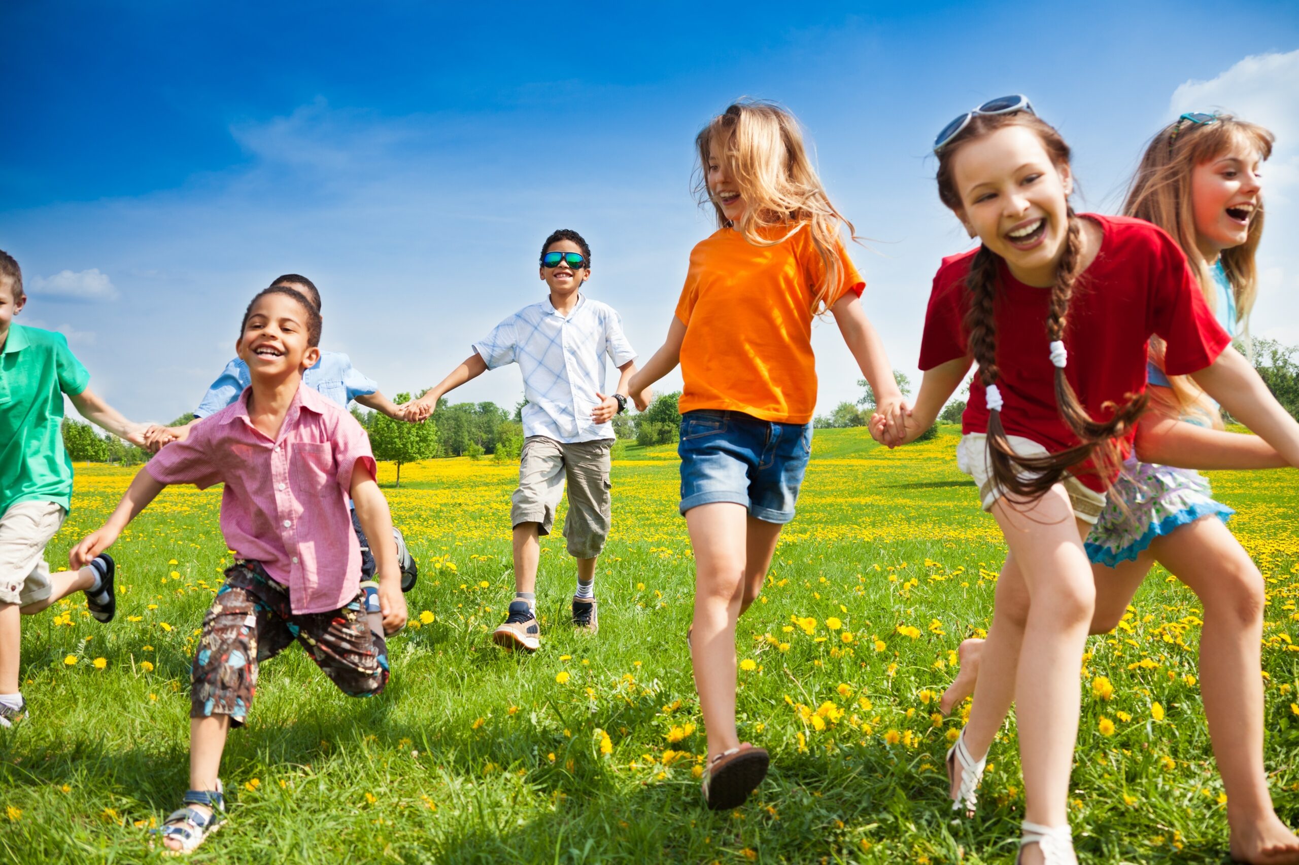20981406 - large group of children running in the dandelion spring field summer camp offered at Four Seasons in Bloomington, IL